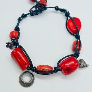 Peyote Bird Sundance Coral Chunky Leather Cord Slide Bracelet Sterling Charms